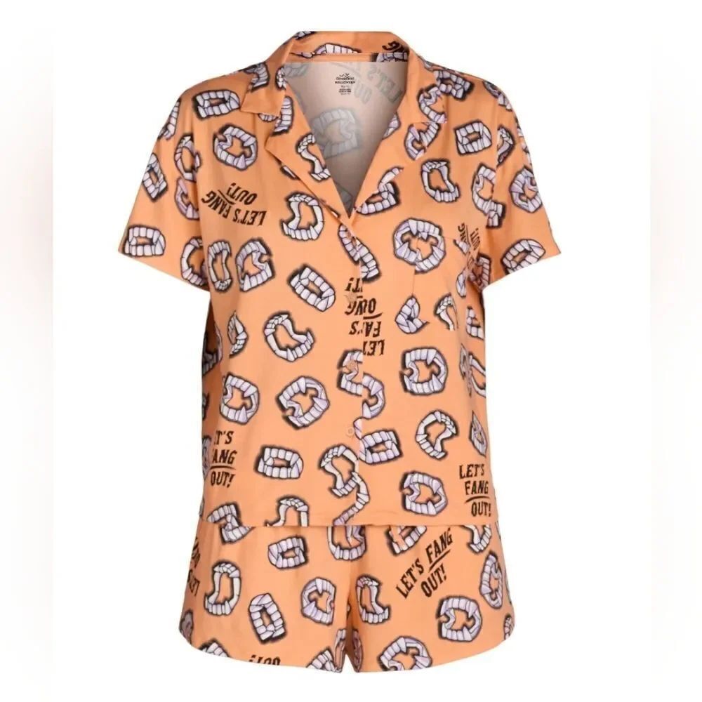 Nwt Way To Celebrate Halloween Women's Fang Print Shorty Pajama Set